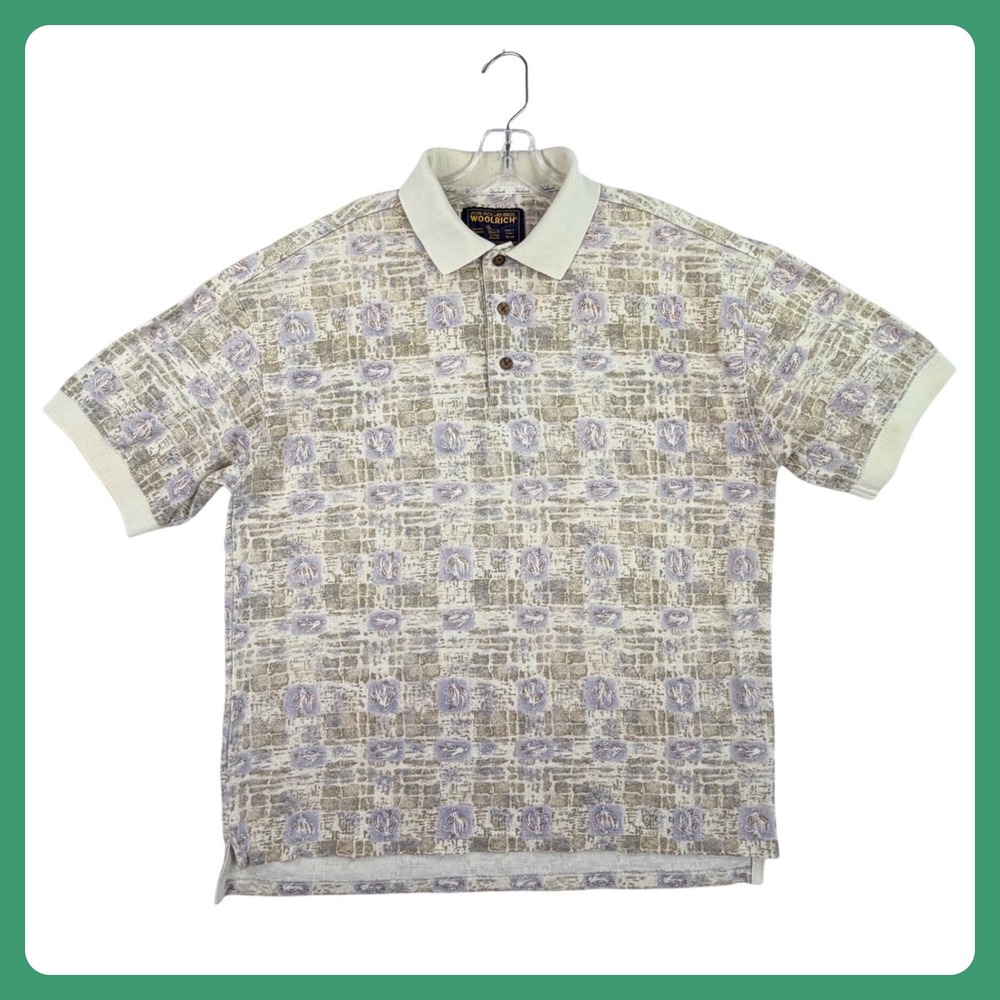 Woolrich Fieldstone Fly Fishing Polo Men Medium Tan 100% Cotton Abstract Golf